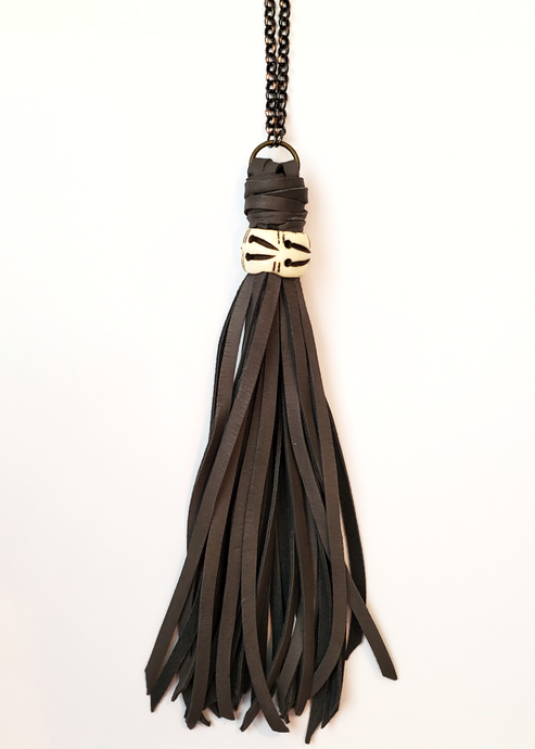 Gray Leather Tassel Necklace