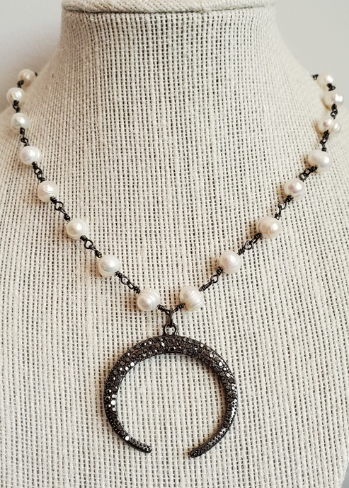 Pavé & Pearl Crescent Necklace